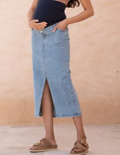 Store Seraphine Alva | Midi-Length Over Bump Denim Maternity Skirt