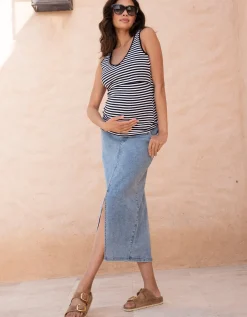 Store Seraphine Alva | Midi-Length Over Bump Denim Maternity Skirt