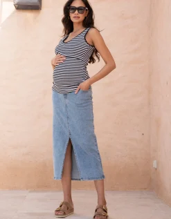 Store Seraphine Alva | Midi-Length Over Bump Denim Maternity Skirt