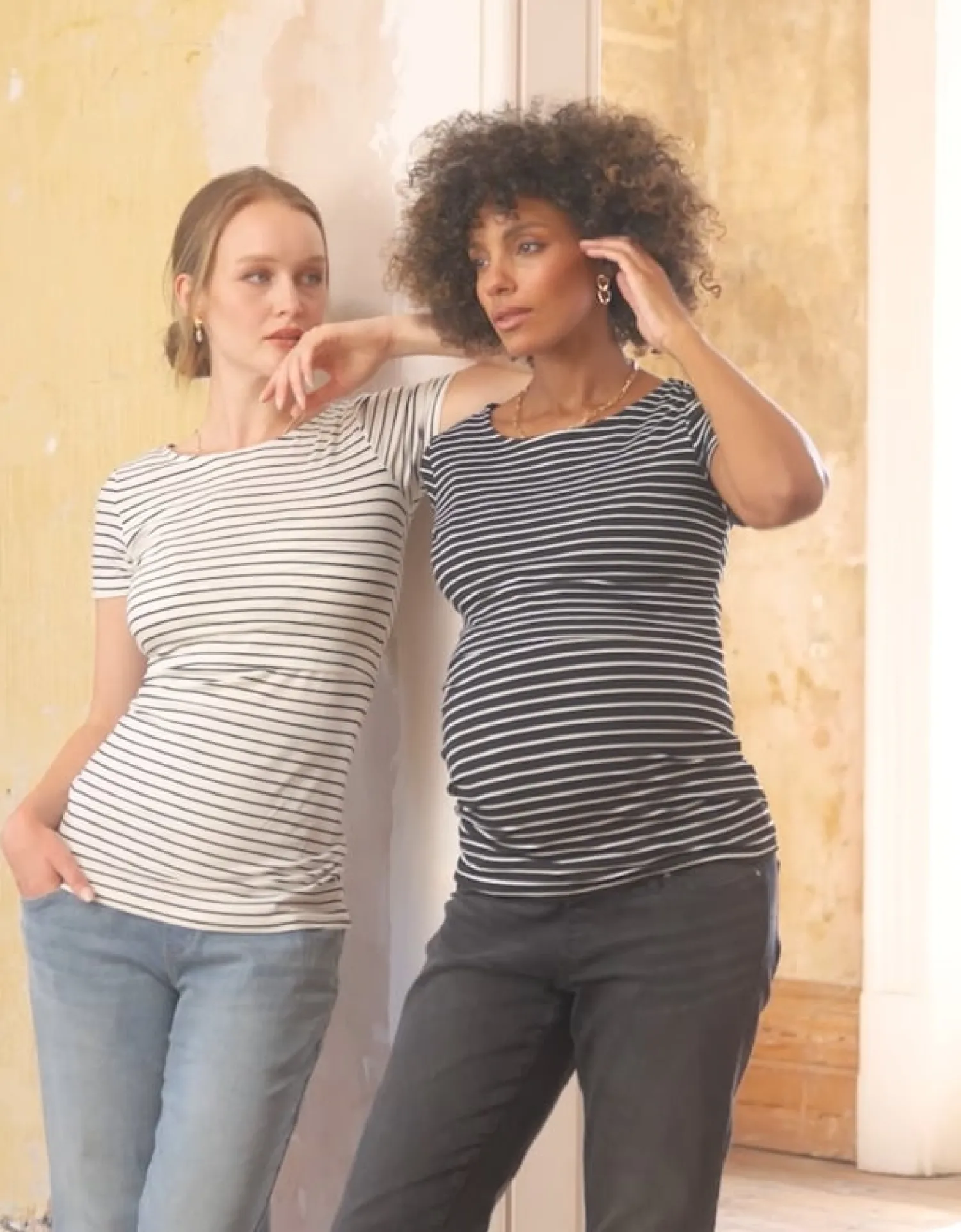 New Seraphine Anne | Twin Pack Striped Maternity to Nursing T-Shirts - Black & White
