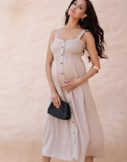 Online Seraphine Ascari | Linen-Blend Button-Front Midi Maternity and Nursing Dress