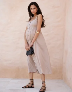 Online Seraphine Ascari | Linen-Blend Button-Front Midi Maternity and Nursing Dress