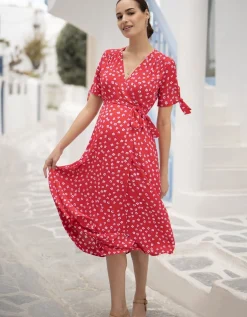 Clearance Seraphine Bessie | Red Midi Wrap Maternity Dress