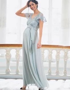 Shop Seraphine Bianca | Sage Green Lace & Silk Chiffon Maxi Maternity & Nursing Occasion Dress
