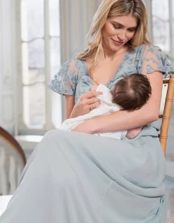 Shop Seraphine Bianca | Sage Green Lace & Silk Chiffon Maxi Maternity & Nursing Occasion Dress