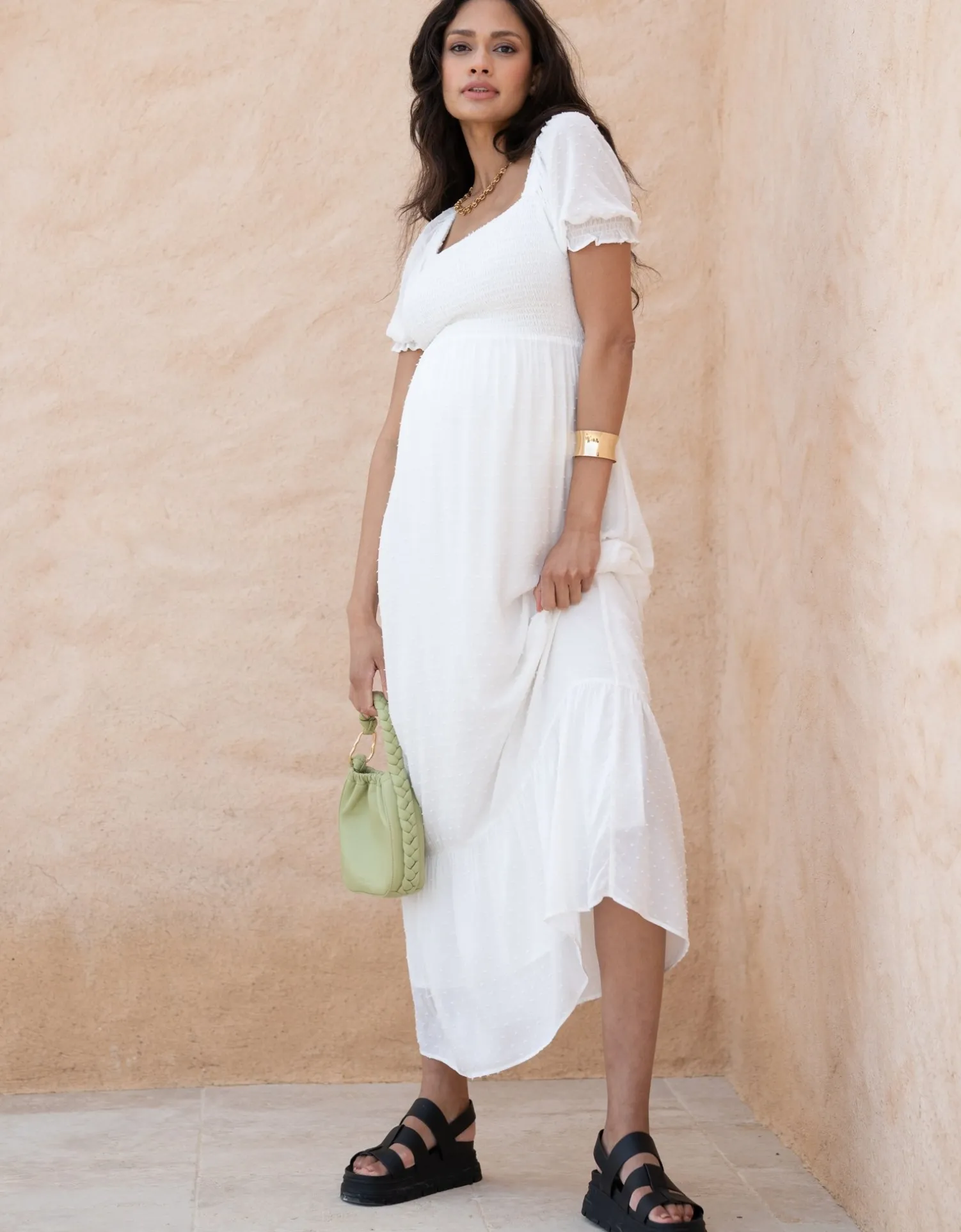 Hot Seraphine Carolina | White Shirred Maternity Maxi Dress