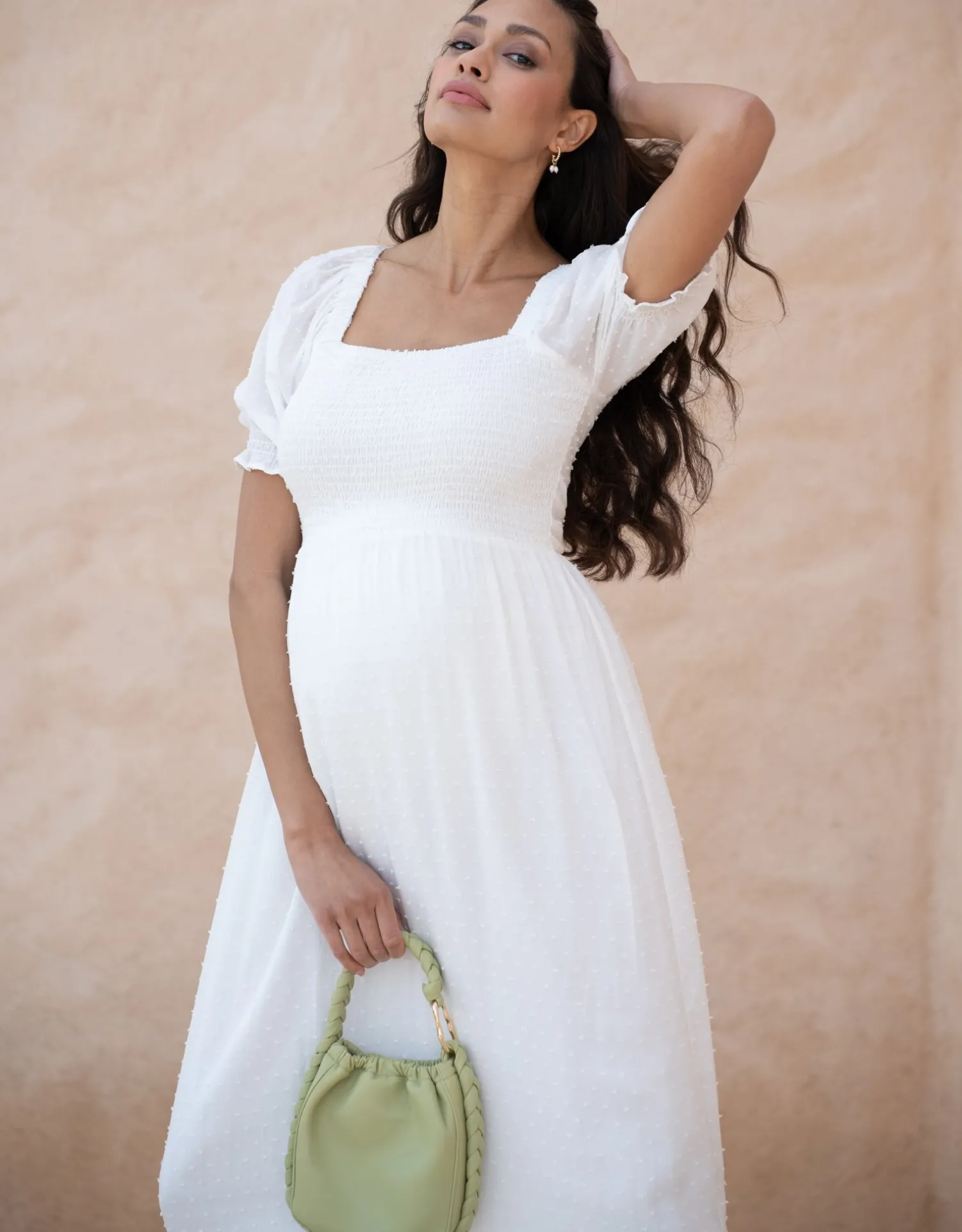 Hot Seraphine Carolina | White Shirred Maternity Maxi Dress