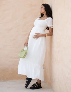 Hot Seraphine Carolina | White Shirred Maternity Maxi Dress