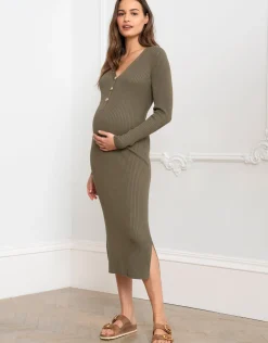 Shop Seraphine Darlina | Khaki Ribbed Knit Midi Maternity Dress