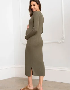 Shop Seraphine Darlina | Khaki Ribbed Knit Midi Maternity Dress