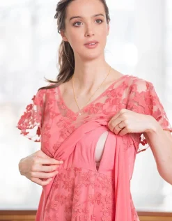 Hot Seraphine Diane | Coral Pink Floral Lace Maternity to Nursing Occasion Dress
