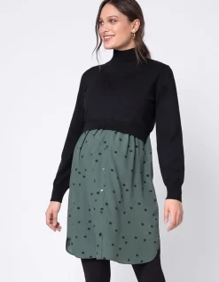 Clearance Seraphine Esme | Khaki Polka Dot Maternity & Nursing Dress