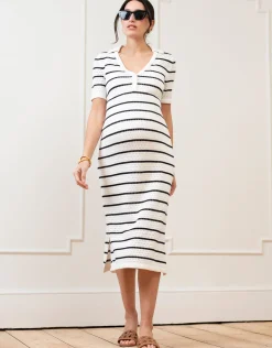 Sale Seraphine Eura | Crochet-Look Striped Collar Midi Maternity and Nursing Dress