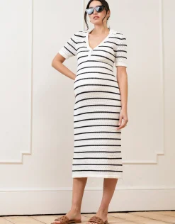 Sale Seraphine Eura | Crochet-Look Striped Collar Midi Maternity and Nursing Dress