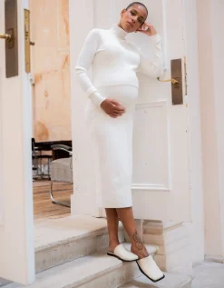 Flash Sale Seraphine Grazia | Cream Ribbed Maternity & Nursing Midi Dress