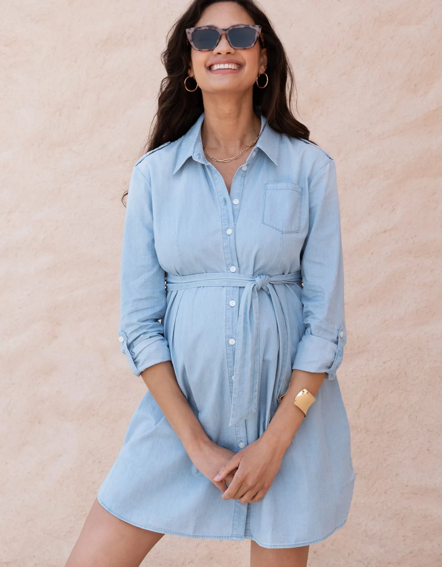 Hot Seraphine Justine | Cotton Chambray Belted Maternity-To-Nursing Tunic