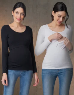 Hot Seraphine Laina | Twin Pack Maternity & Nursing Long Sleeve Tops u2013 Black & White
