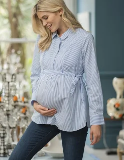 Shop Seraphine Larry | Blue & White Pinstripe Tie Side Maternity to Nursing Shirt