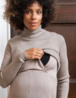 Hot Seraphine Leah | Oatmeal Ribbed Maternity & Nursing Dress
