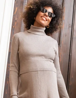 Hot Seraphine Leah | Oatmeal Ribbed Maternity & Nursing Dress