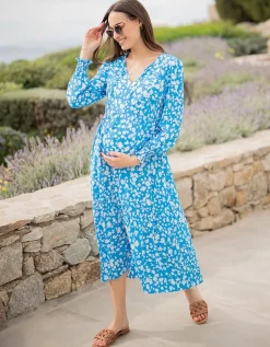 Shop Seraphine Margeaux | Blue & White Boho Midi Maternity & Nursing Dress