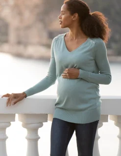 Cheap Seraphine Sage Green Fine Knit V-Neck Maternity to Nursing Sweater