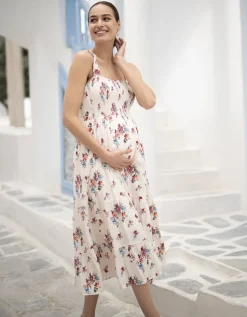 Best Seraphine Tula | White Floral Tiered Midi Maternity Dress